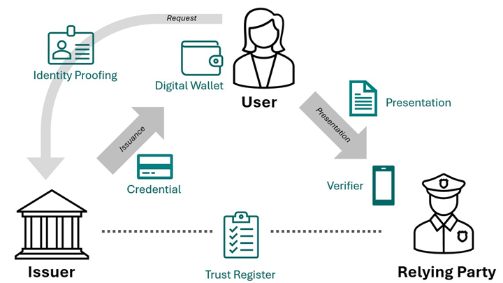 This diagram shows how a digital credential is issued, stored in a digital wallet, shared by the credential holder, and verified by an organisation. More information about the process is available below the image.